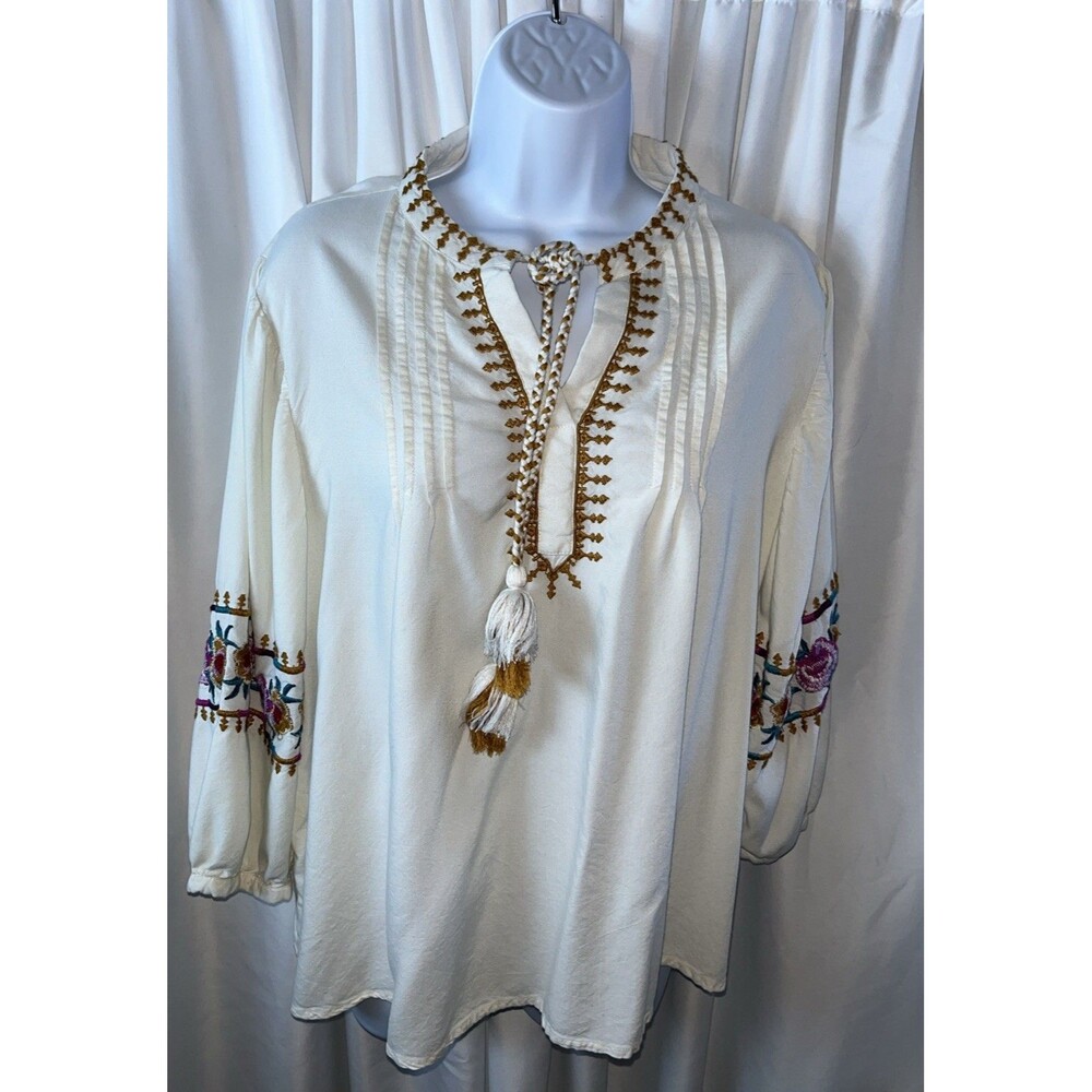 Rocks & Indigo Women’s Cream Floral Embroidered Bohemian Pesant Blouse Size XL